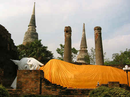 Large reclining Buddha draped in royal cloth, Ayutthaya, Thailand