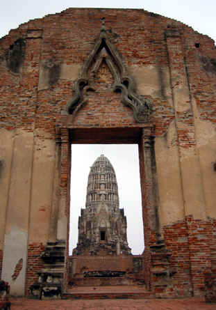 Gateway with a view of large Stupa in the background, Ayutthaya, Thailand