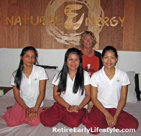 Peter and his Thai massage crew. Chiang Mai, Thailand