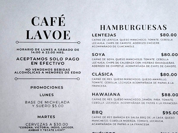 menu at Cafe Lavoe, Oaxaca, Mexico