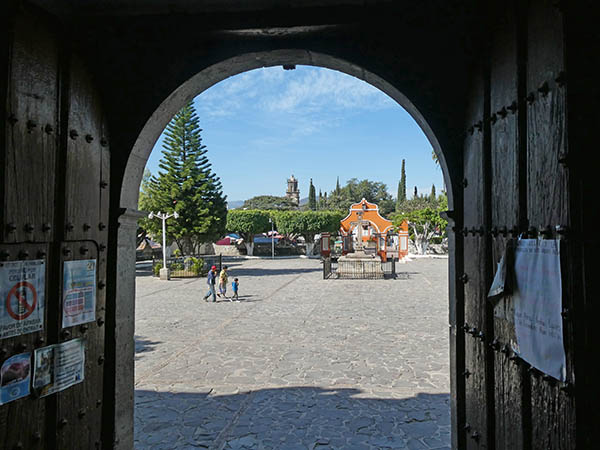 Looking out from the church towards the Plaza, Cajititlan, Jalisco, Mexico