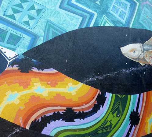 Mural of fish an native symbols in Cajititlan, Jalisco, Mexico