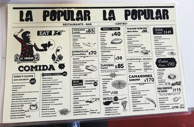Menu at La Popular Restaurant, Oaxaca, Mexico