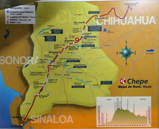 Map of El Chepe route through the Mexican states of Chihuahua and Sinaloa