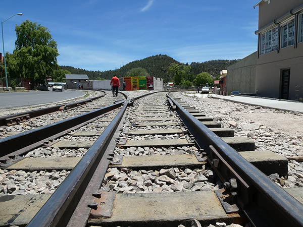 Two train tracks touch in the town of Creel, Mexico El Chepe Copper Canyon