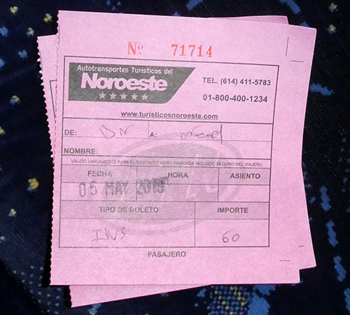 Our bus tickets on Noroeste to Divisidero from Creel, Mexico Copper Canyon