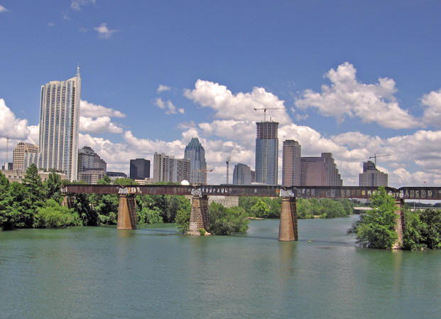 The Austin Skyline - Colorado River Bridge Union Pacific Railroad, Austin, Texas