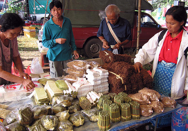 The sweet smelling tobacco and other substances are sold for those who want to roll their own cheroots
