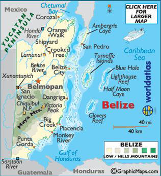 Corozal is left of center at the top of this map of Belize