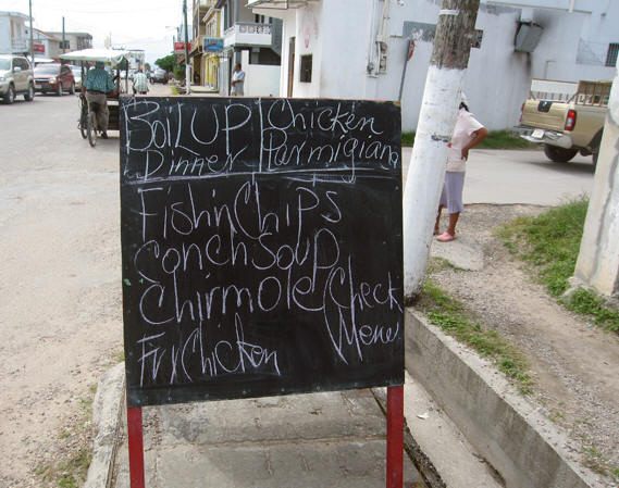 Menu items written on a chalk board is standard. Corozal, Belize