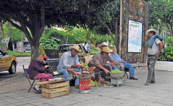 The Ancianos are on the Plaza in Chapala daily selling their roasted corn and beans.