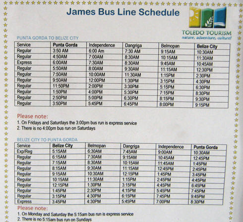 Pringed bus schedule on the wall, Punta Gorda, Belize