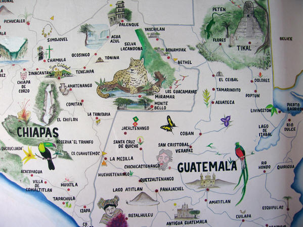 Hand painted map of Chiapas and Guatemala - follow our travels!