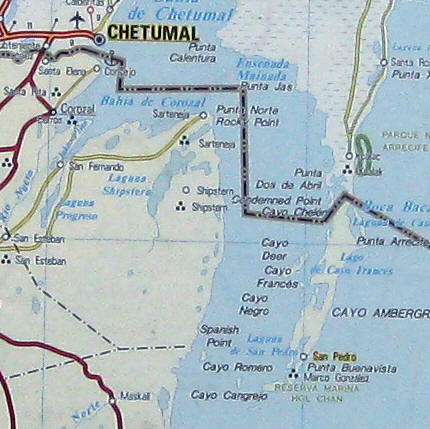 Our water taxi route - San Pedro, Belize to Chetumal, Mexico