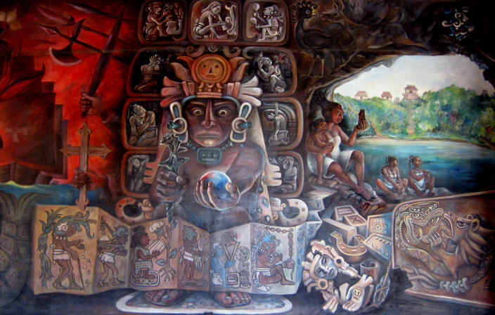 Colorful mural of the Maya history